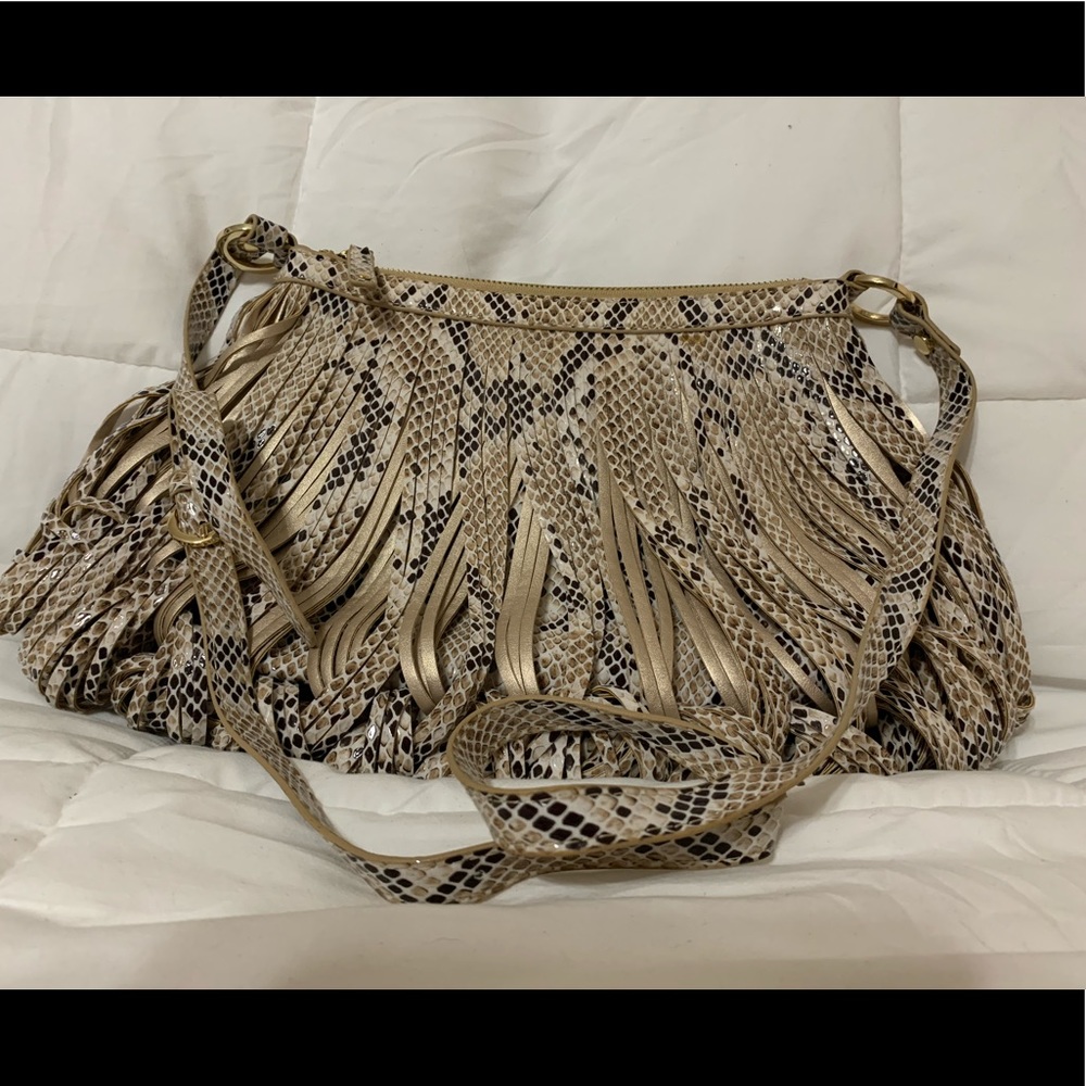 Katherine Kwei Designer Handbag 101 White/Tan Zip Top Leather Fringe
